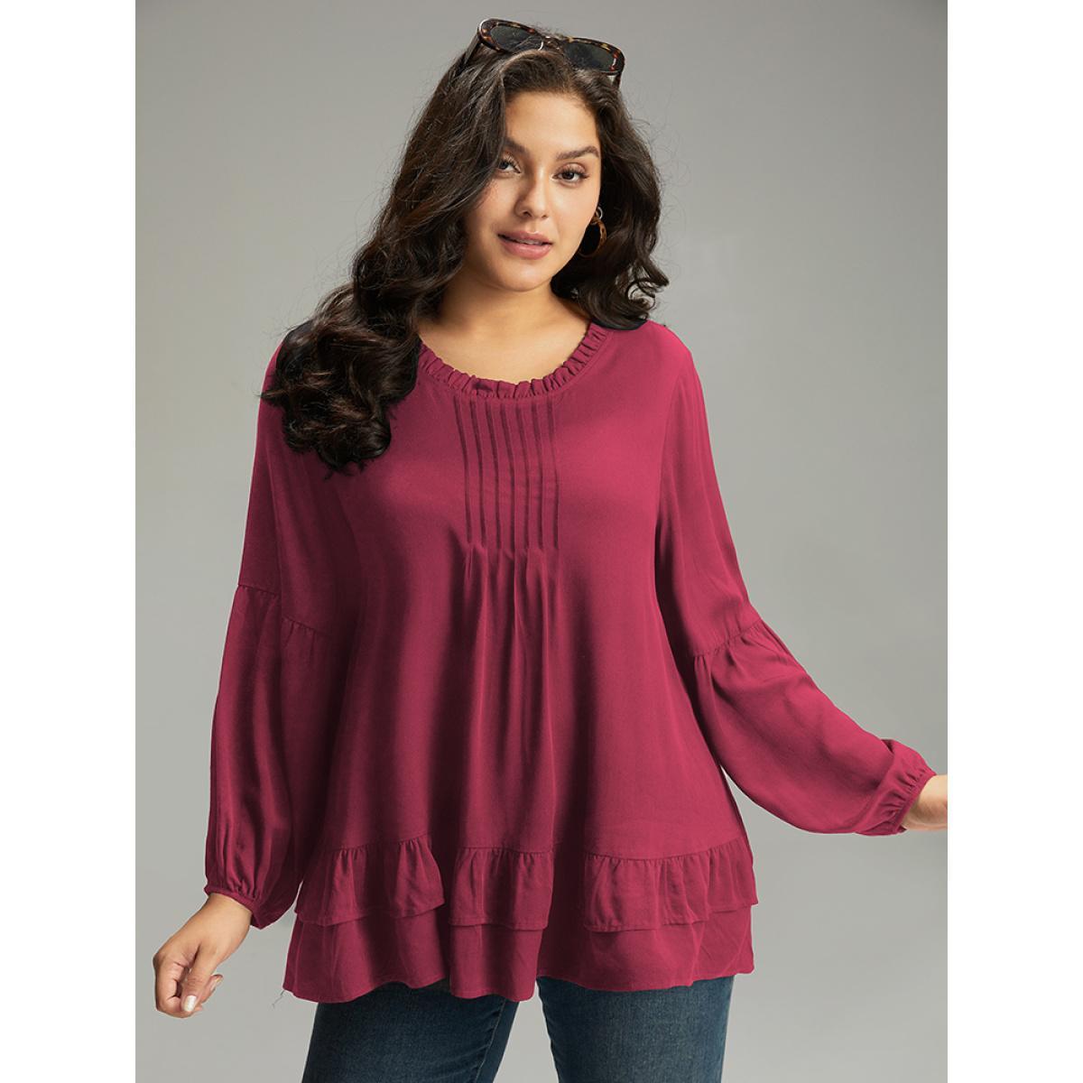 Plus Size Scarlet Seam Detail Frill Trim Layered Blouse Women Elegant Long Sleeve Round Neck Dailywear Blouses BloomChic 12/L Product Image