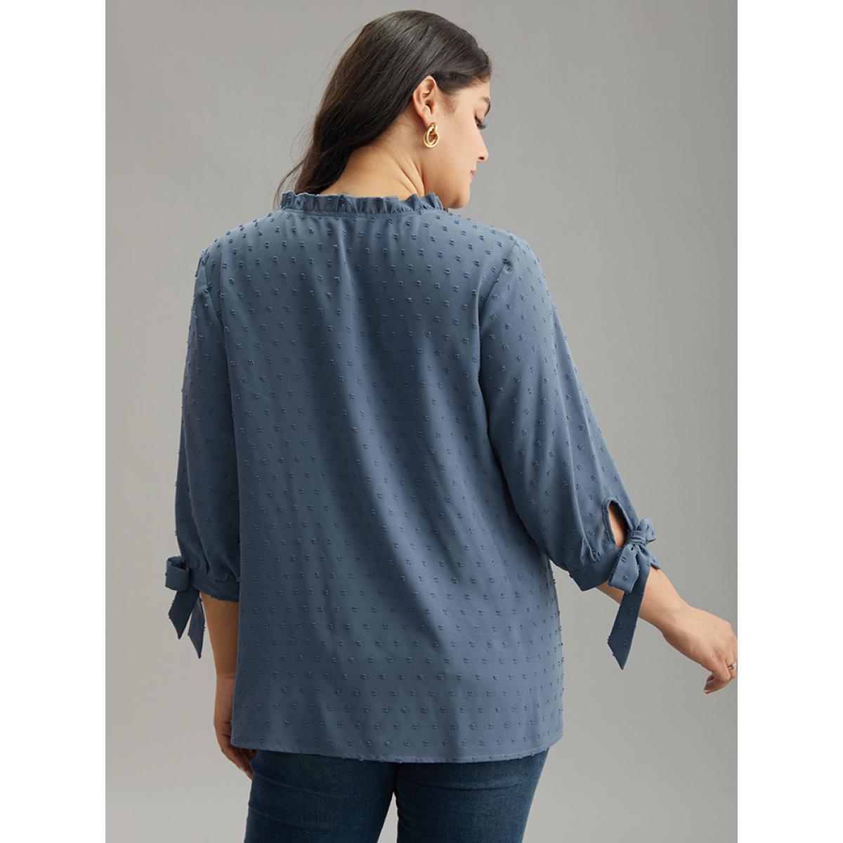 Plus Size Stone Textured Embroidered Frill Trim Tie Neck Blouse Women Vacation Long Sleeve Tie Neck Dailywear Blouses BloomChic 18-20/2X Product Image