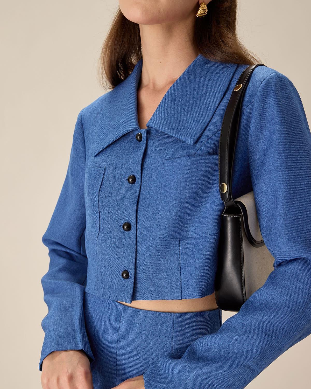 Blue Single-Breasted Pocket Crop Jacket Product Image