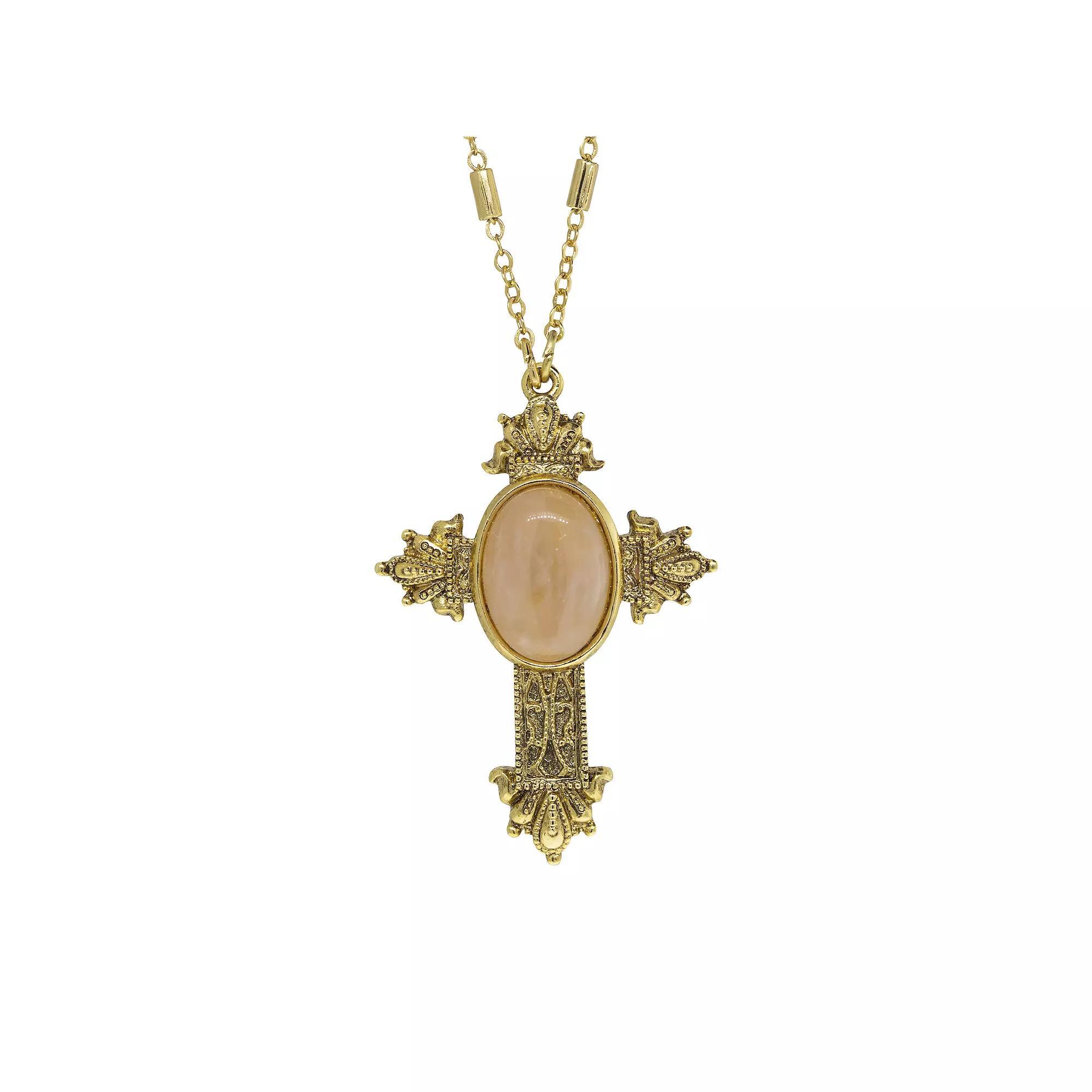 Symbols of Faith Oval Rose Quartz Cross Necklace, Womens, Pink Quartz Product Image