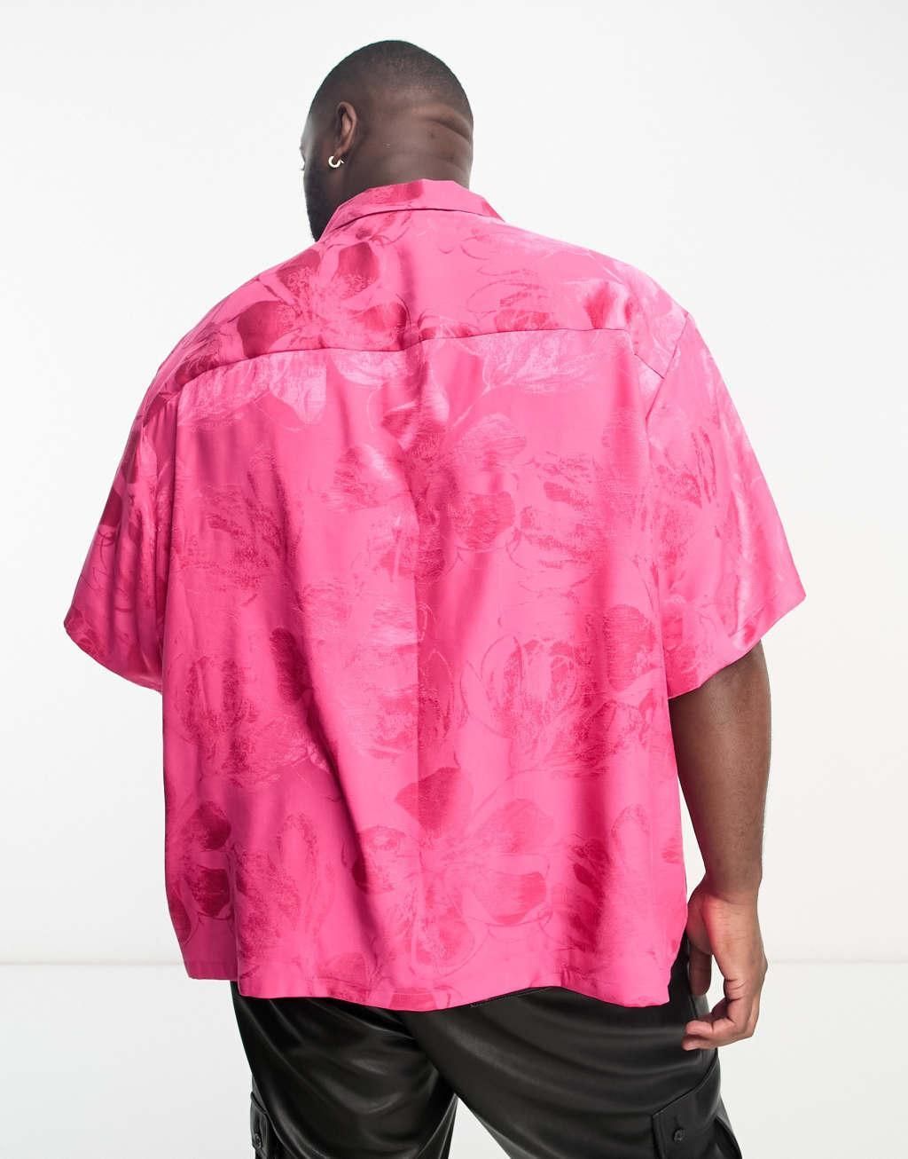 ASOS DESIGN boxy oversized revere shirt in pink floral jacquard  Product Image