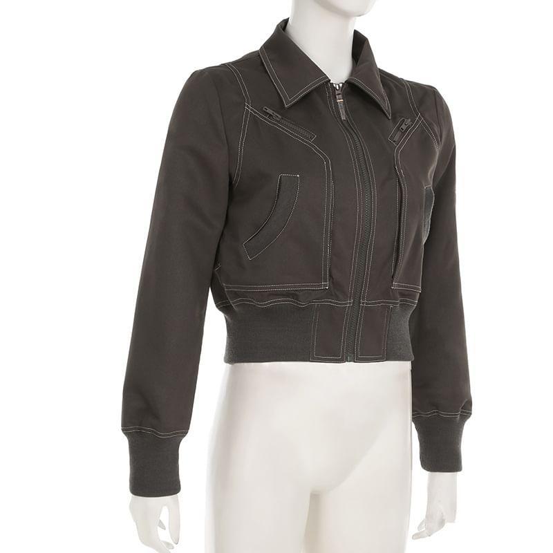Collared Plain Zip Up Crop Jacket Product Image