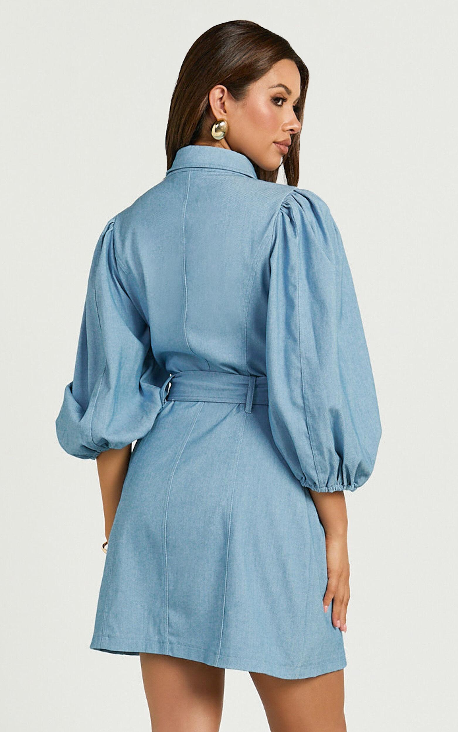 Aubrie Mini Dress - Blouson Sleeve Button Through Belted Dress in Light Blue Product Image