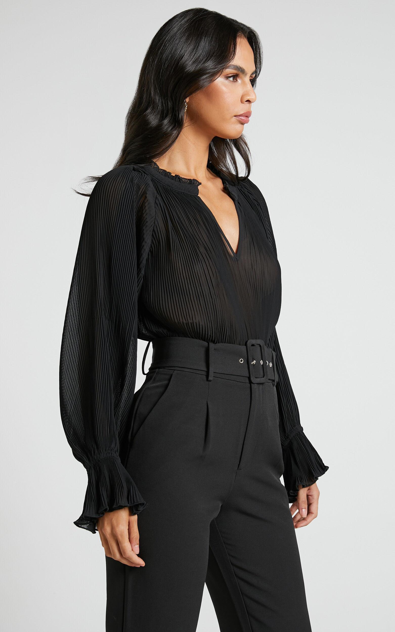 Kerray Top - V Neck Long Sleeve Pleated Top in Black Product Image