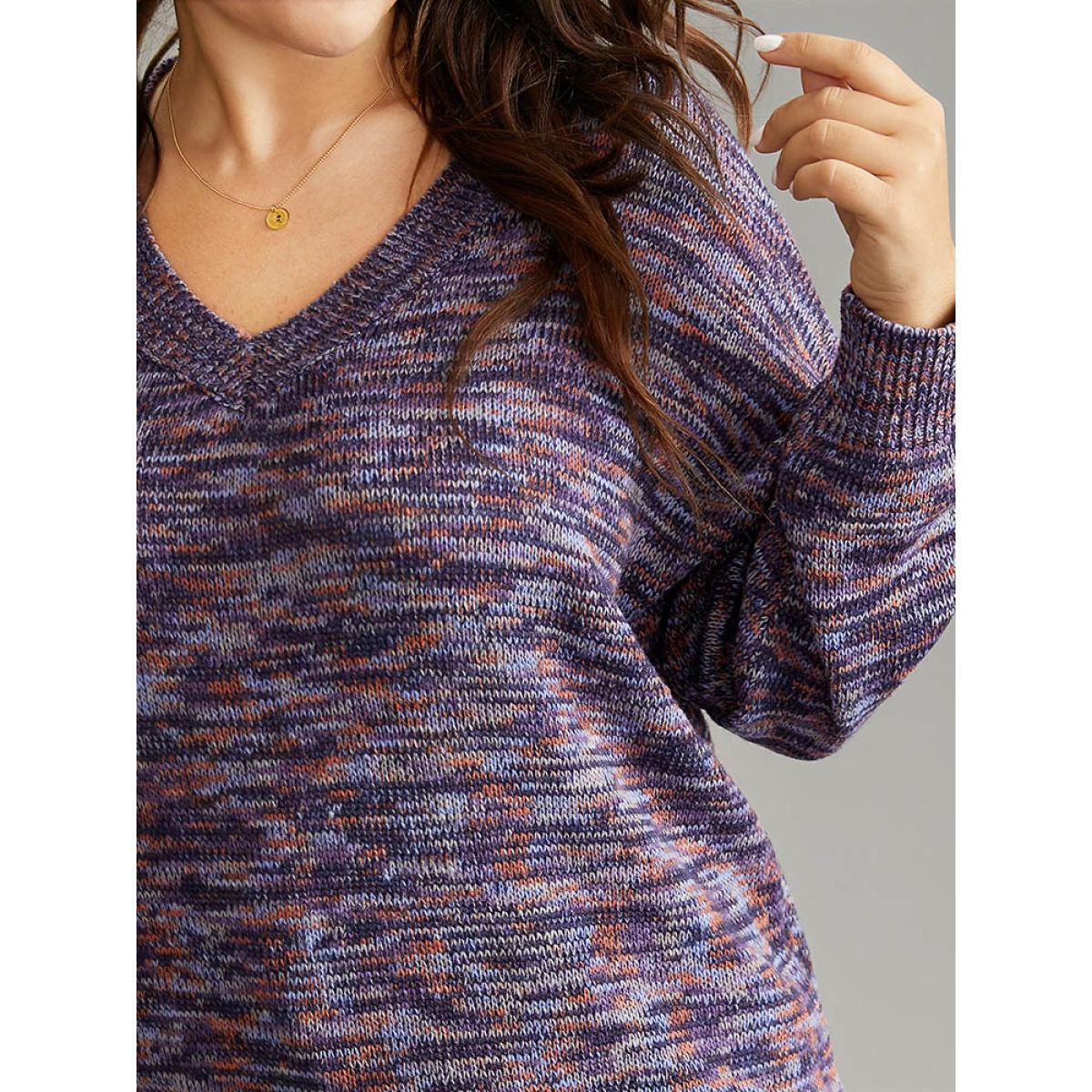 Plus Size Drop Shoulder Ombre Heather Pullover Indigo Women Casual Loose Long Sleeve V-neck Dailywear Pullovers BloomChic 26/4X Product Image
