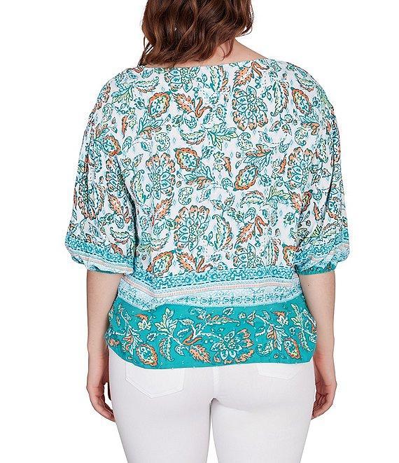 Ruby Rd. Woven Swiss Dot Print Split Round Neck 3/4 Sleeve Top Product Image
