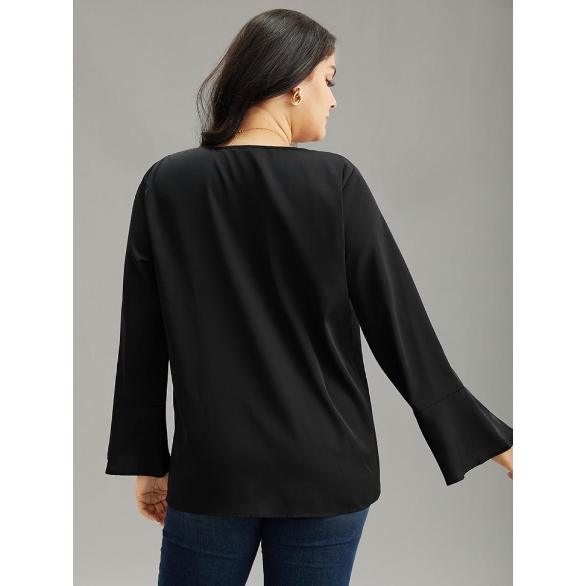 Plus Size Black Contrast Chain Bell Sleeve Eyelet Blouse Women Office Long Sleeve V-neck Work Blouses BloomChic 22-24/3X Product Image