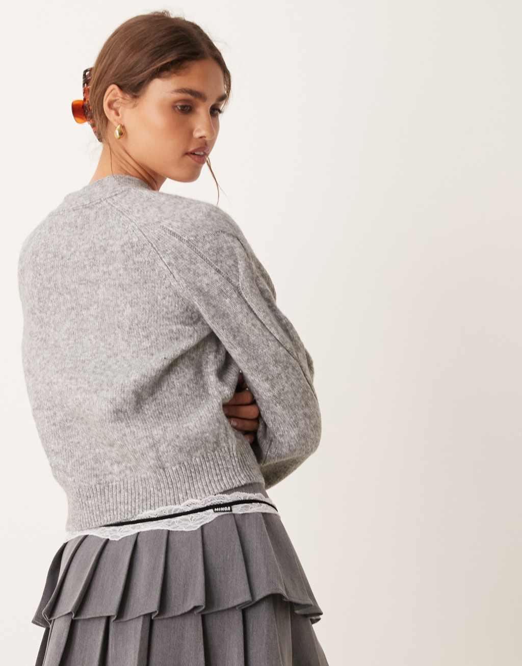 JDY cropped cable knit cardigan in gray Product Image