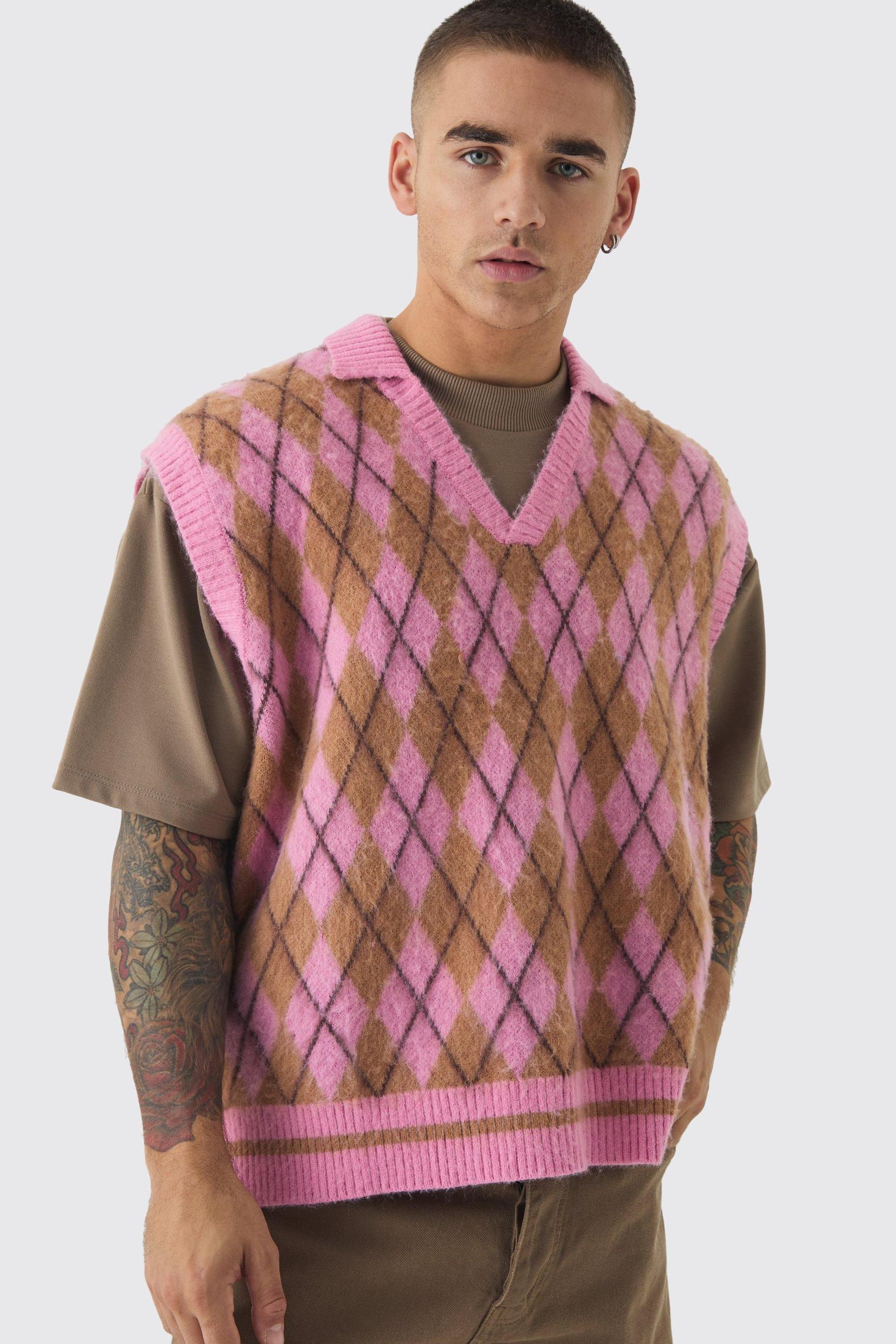 Mens Brown Oversized V Neck Argyle Fluffy Knit Vest, Brown Product Image