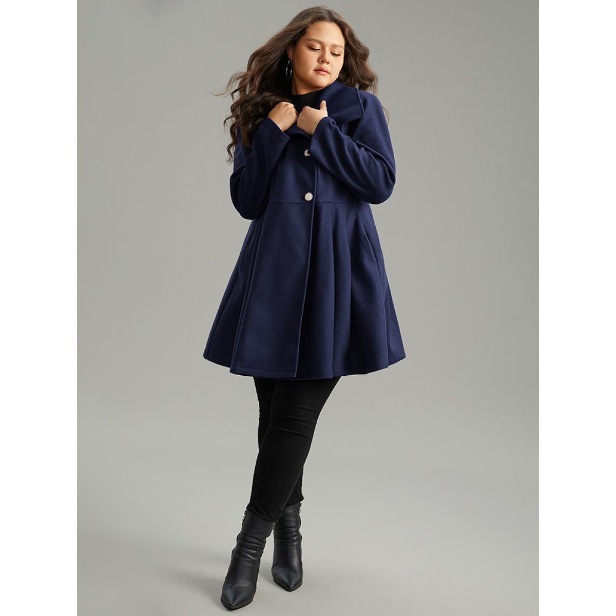 Plus Size Plain Button Up Pocket Asymmetrical Lapel Collar Coat Women Indigo Elegant Plain Ladies Everyday Winter Coats BloomChic 10/M Product Image
