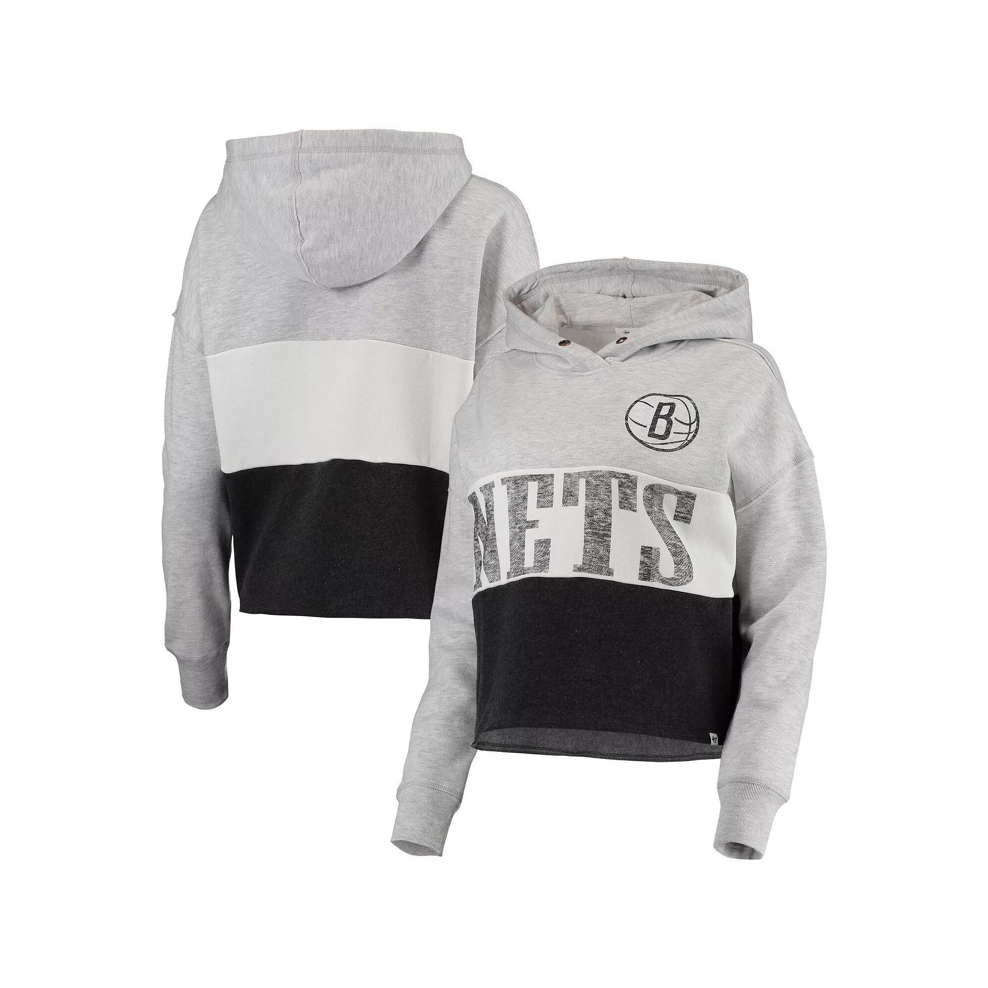Women's '47 Heathered Gray/Heathered Black Brooklyn Nets Lizzy Cutoff Pullover Hoodie, Size: Medium, Grey Product Image