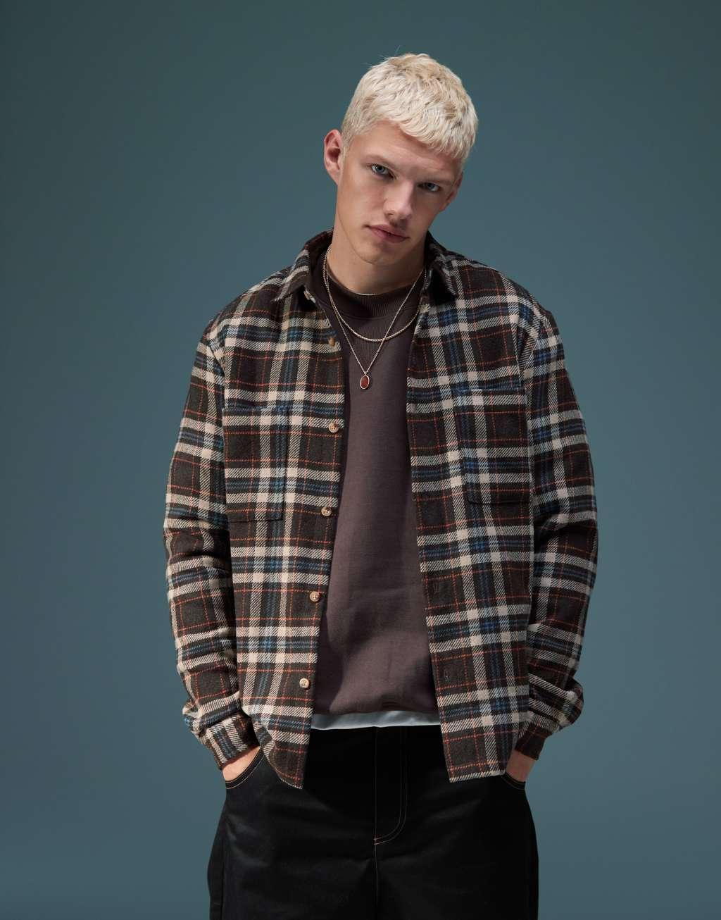 ASOS DESIGN wool look shirt in brown check Product Image