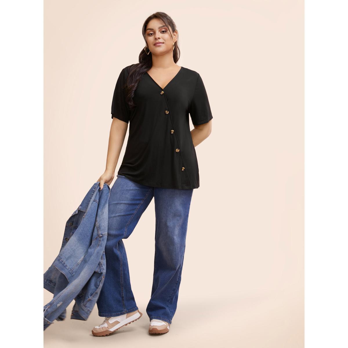 Plus Size Plain V Neck Button Detail Flutter Sleeve T-shirt Black Women Casual Plain Plain V-neck Dailywear T-shirts BloomChic 22-24/3X Product Image