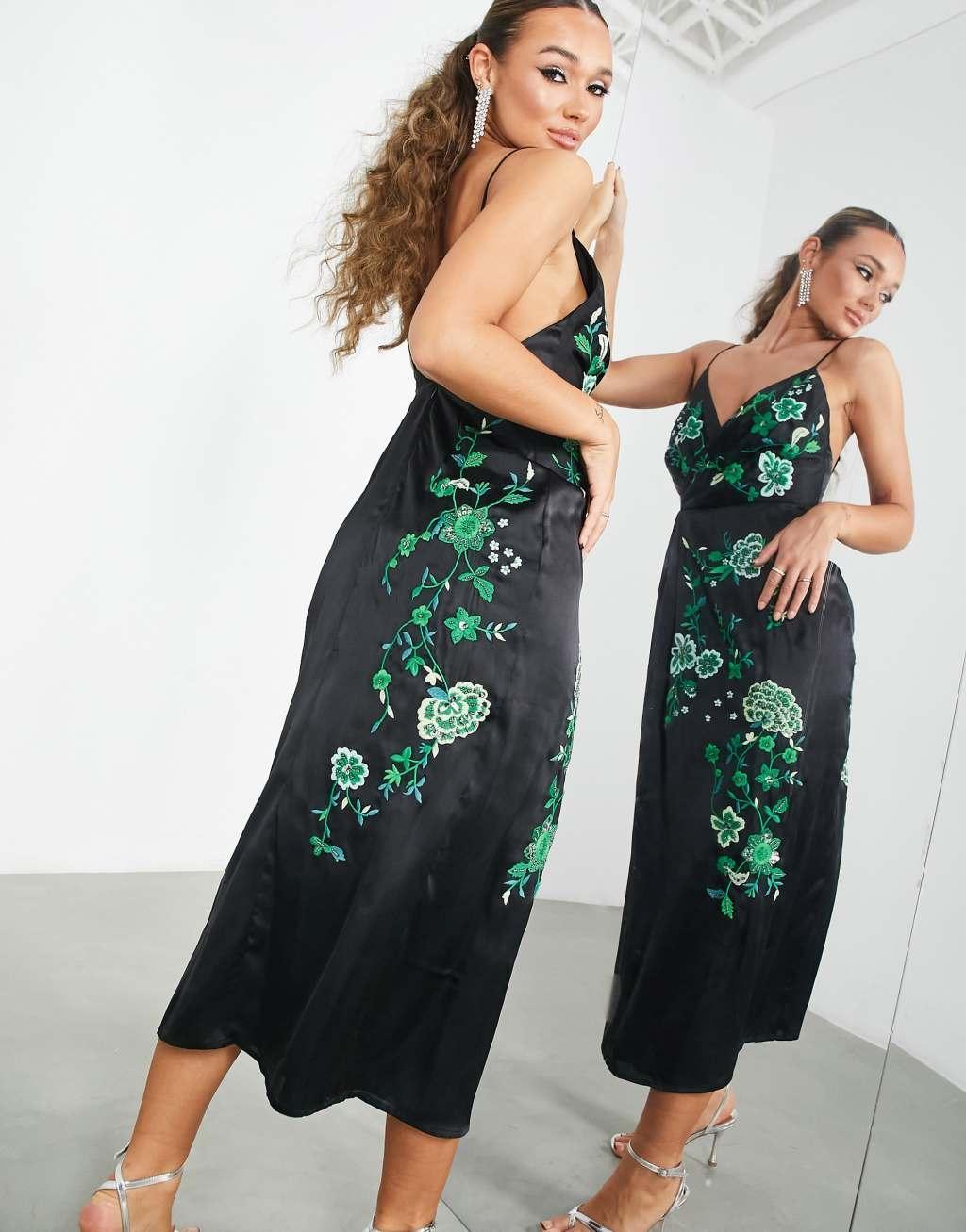 ASOS EDITION satin drape side cami midi dress with floral embroidery Product Image
