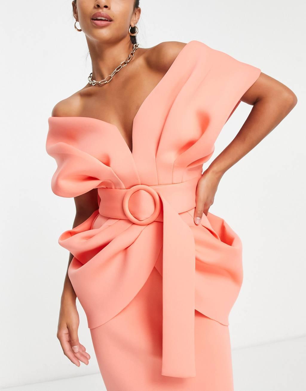 ASOS DESIGN Petite drape shoulder belted midi dress in pink Product Image