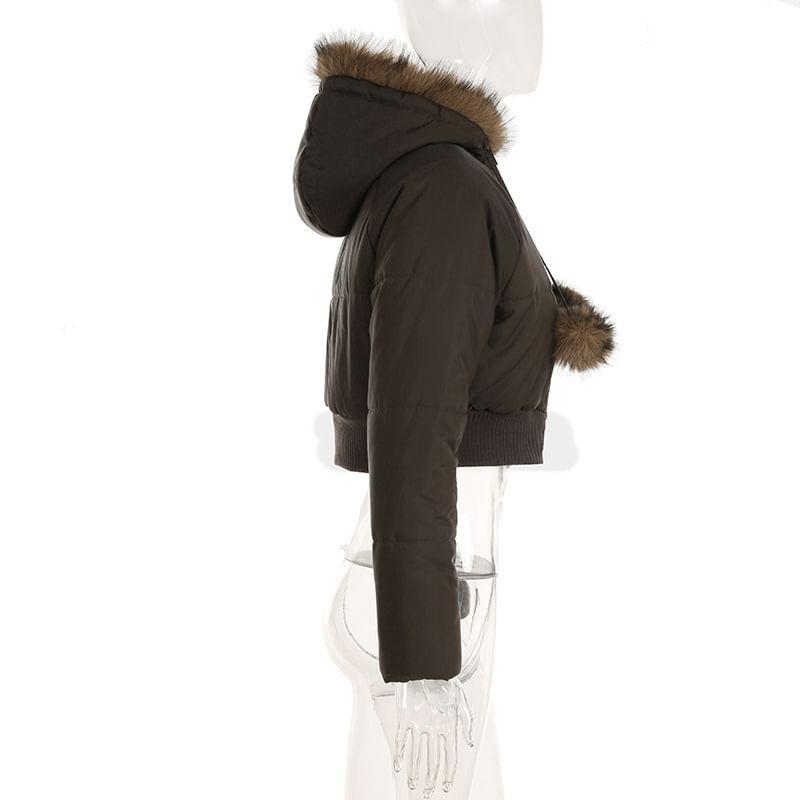 Fluffy Hooded Plain Zip Up Cropped Puffer Jacket Product Image
