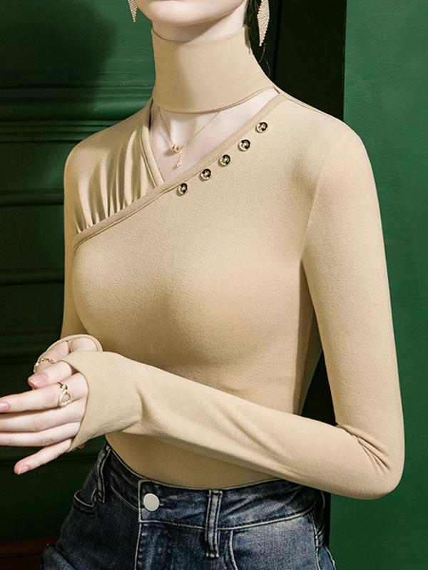Long Sleeves Skinny Buttoned Hollow Pleated Split-Joint High Neck T-Shirts Tops Product Image