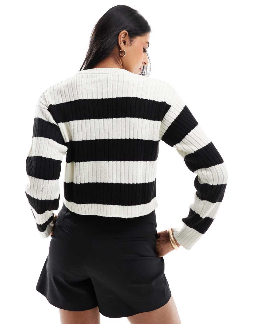 JJXX cropped boxy stripe ribbed sweater in black & beige Product Image