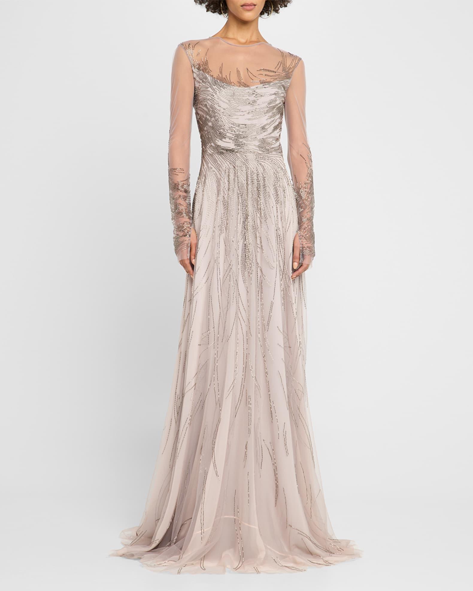 Abstract Beaded Long-Sleeve Illusion Gown Product Image