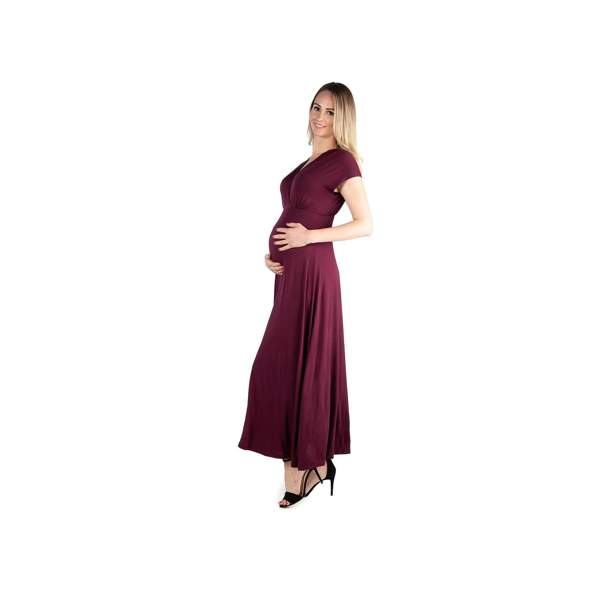 Maternity 24Seven Comfort Apparel Cap Sleeve V-Neck Maxi Dress, Women's, Size: Large-Mat, Red Product Image