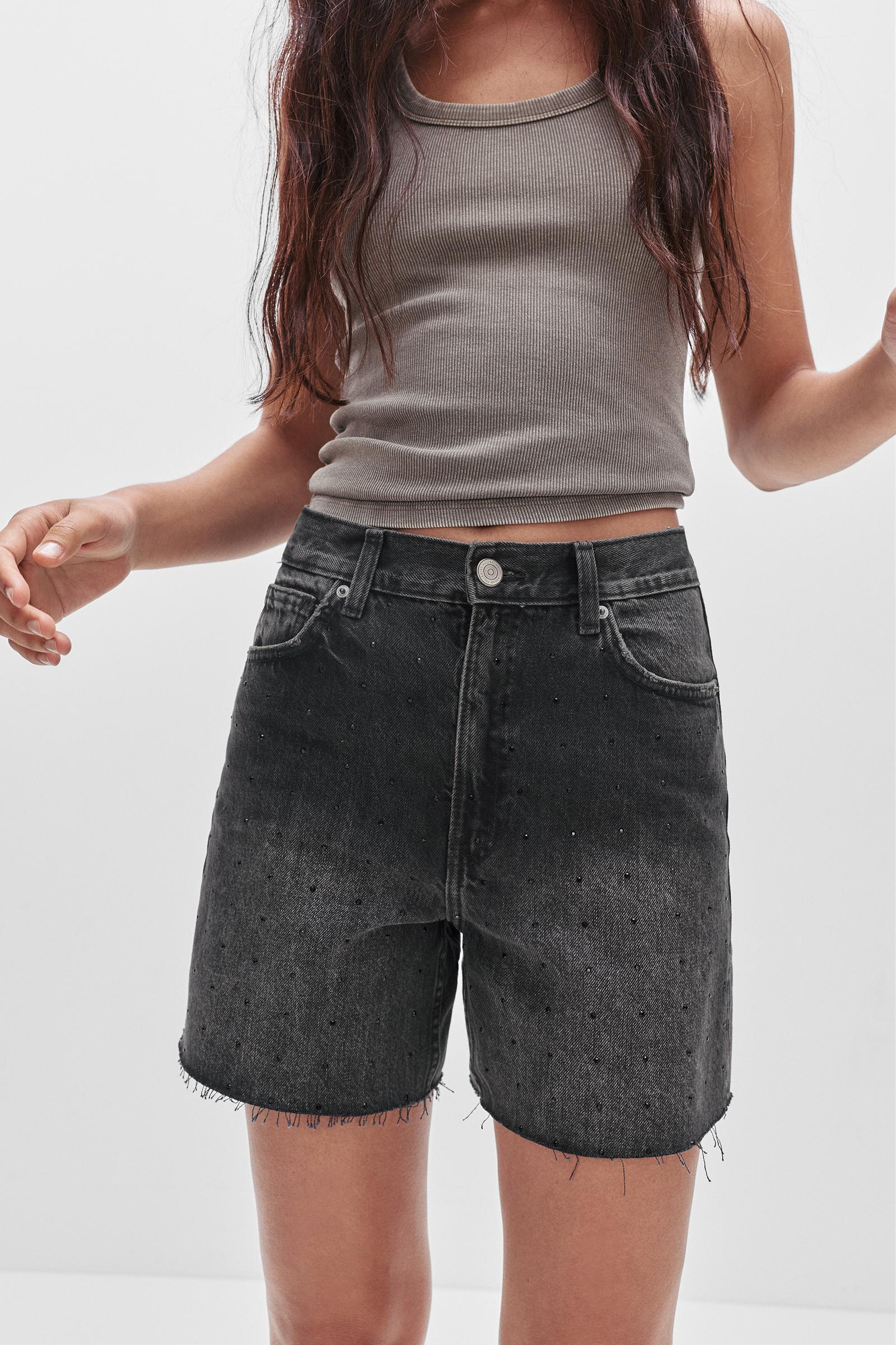 High-rise denim Bermuda shorts with rhinestones Product Image