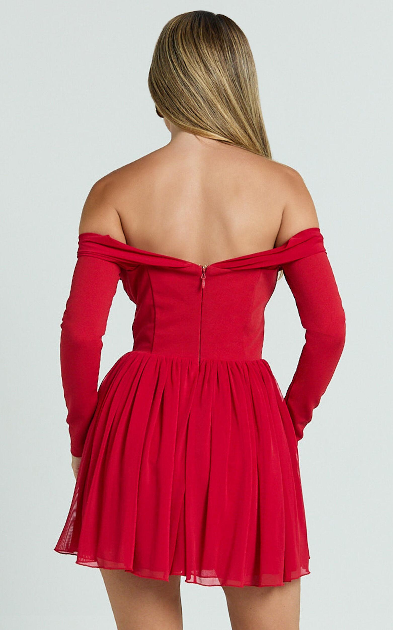 Bennett Mini Dress - Off Shoulder Long Sleeve V Waist Dress in Red Product Image