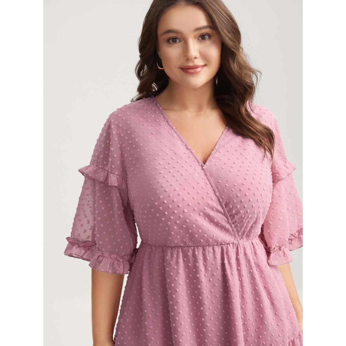 Plus Size Textured Ruffled Trim Surplice Midi Dress Watermelon Women Overlap Collar Half Sleeve Curvy BloomChic 10/M Product Image