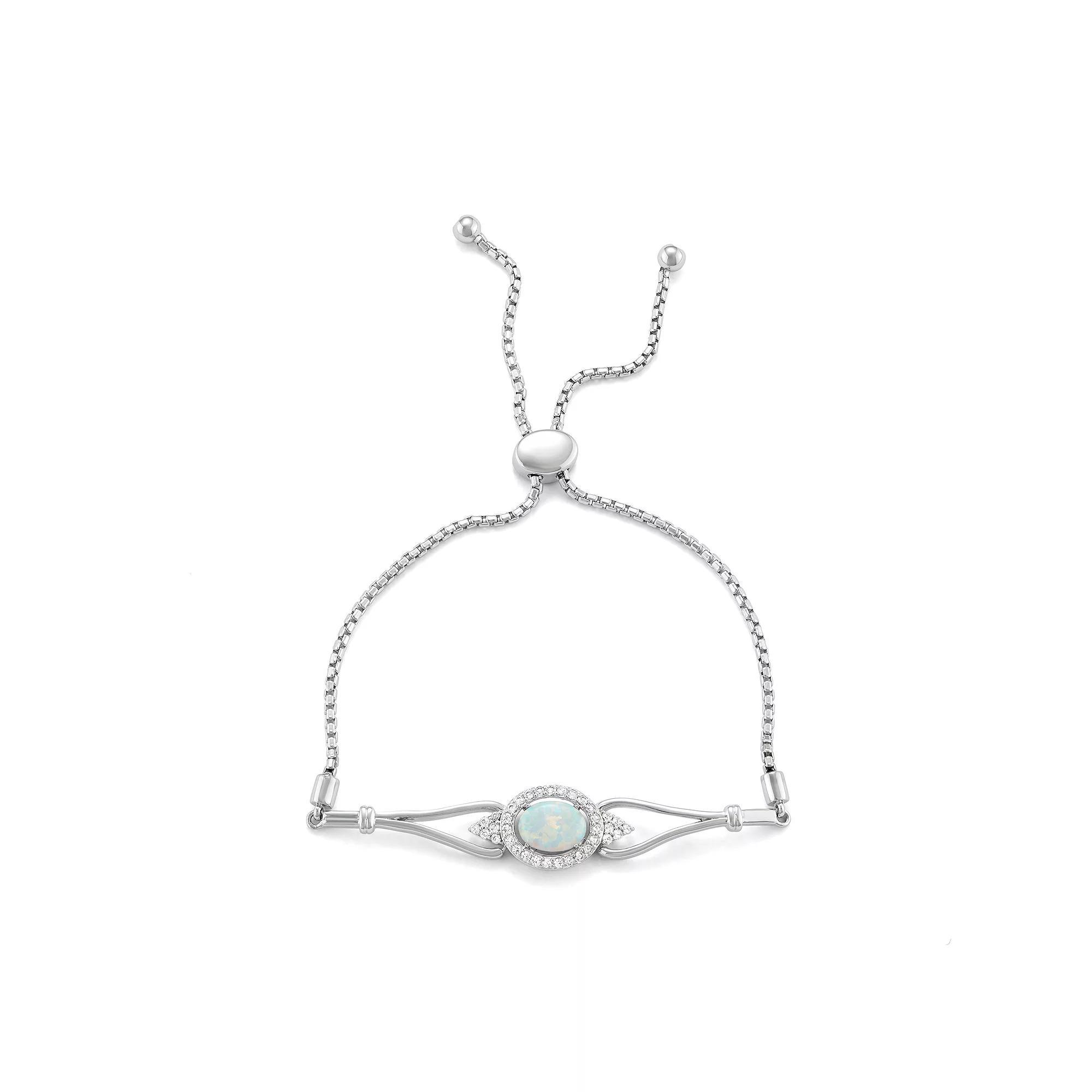 Sterling Silver Lab-Created Opal & Lab-Created White Sapphire Bolo Bracelet, Women's, Size: 9" Product Image