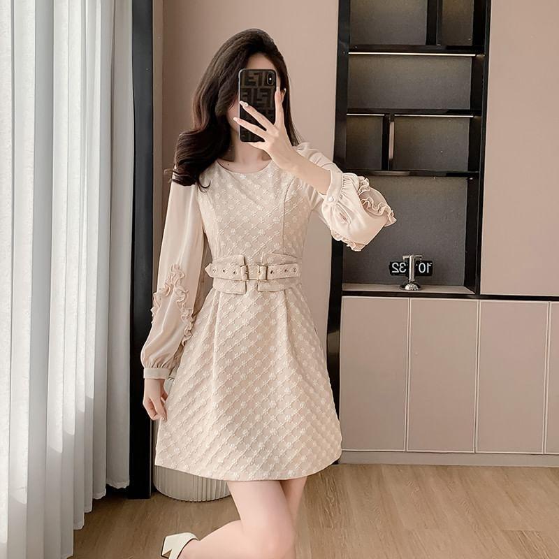 Long-Sleeve Boatneck Jacquard Mini A-Line Dress Product Image