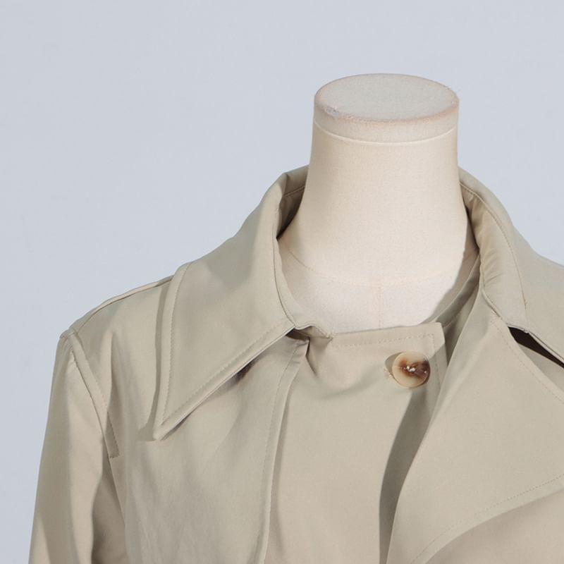 Collared Plain Panel High-Low Button Trench Coat Product Image
