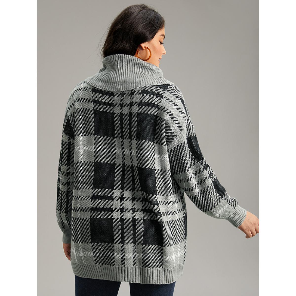 Plus Size Plaid Turtle Neck Drop Shoulder Pullover Multicolor Women Casual Loose Long Sleeve Turtleneck Dailywear Pullovers BloomChic 18-20/2X Product Image