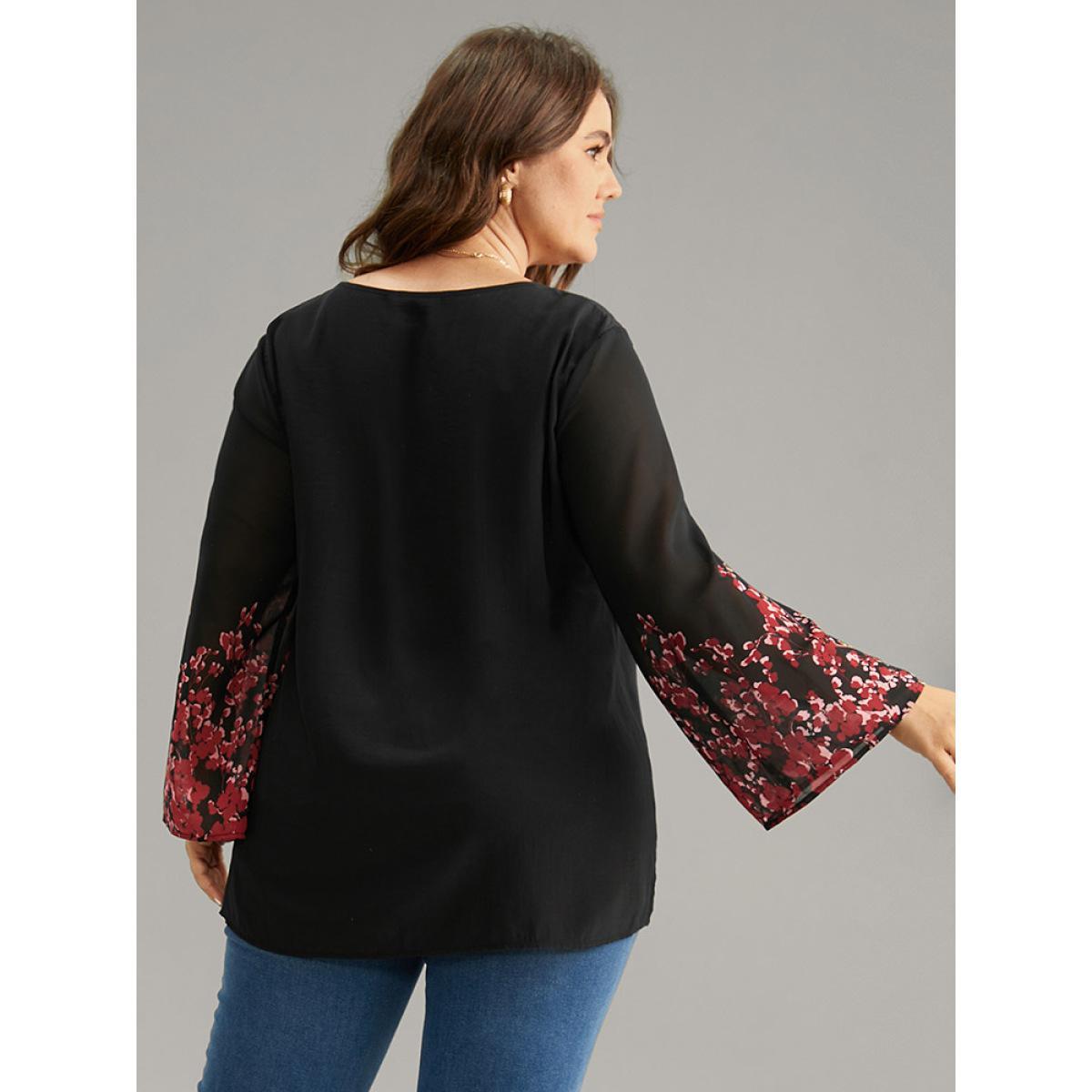 Plus Size Black Boho Print Pleated Mesh Ruffle Sleeve Blouse Women Vacation Long Sleeve Round Neck Dailywear Blouses BloomChic 18-20/2X Product Image