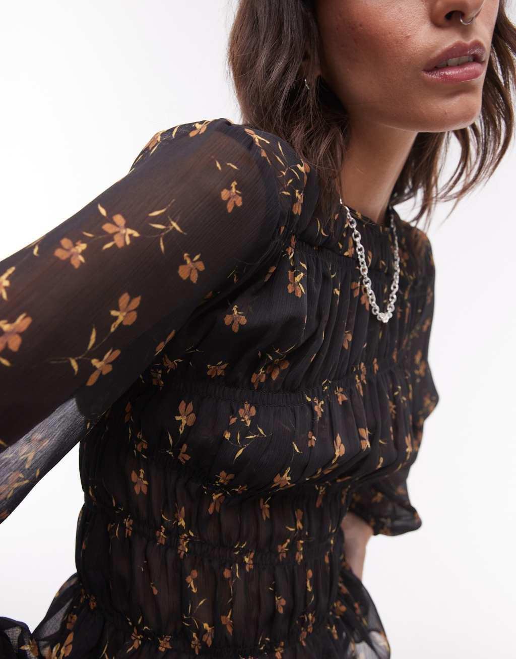 Topshop asymmetric shirred top in sheer black base ditsy Product Image