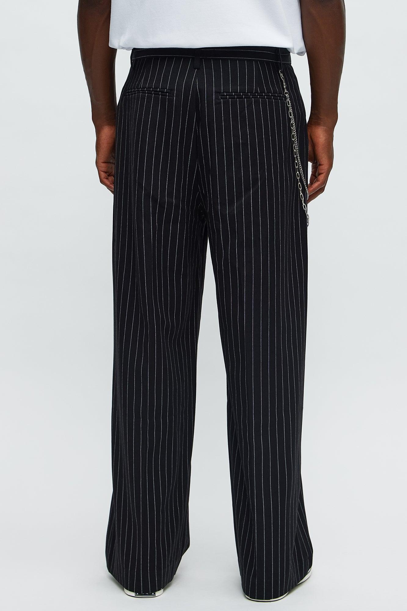 Wide Leg Straight Striped Trousers - Black Product Image