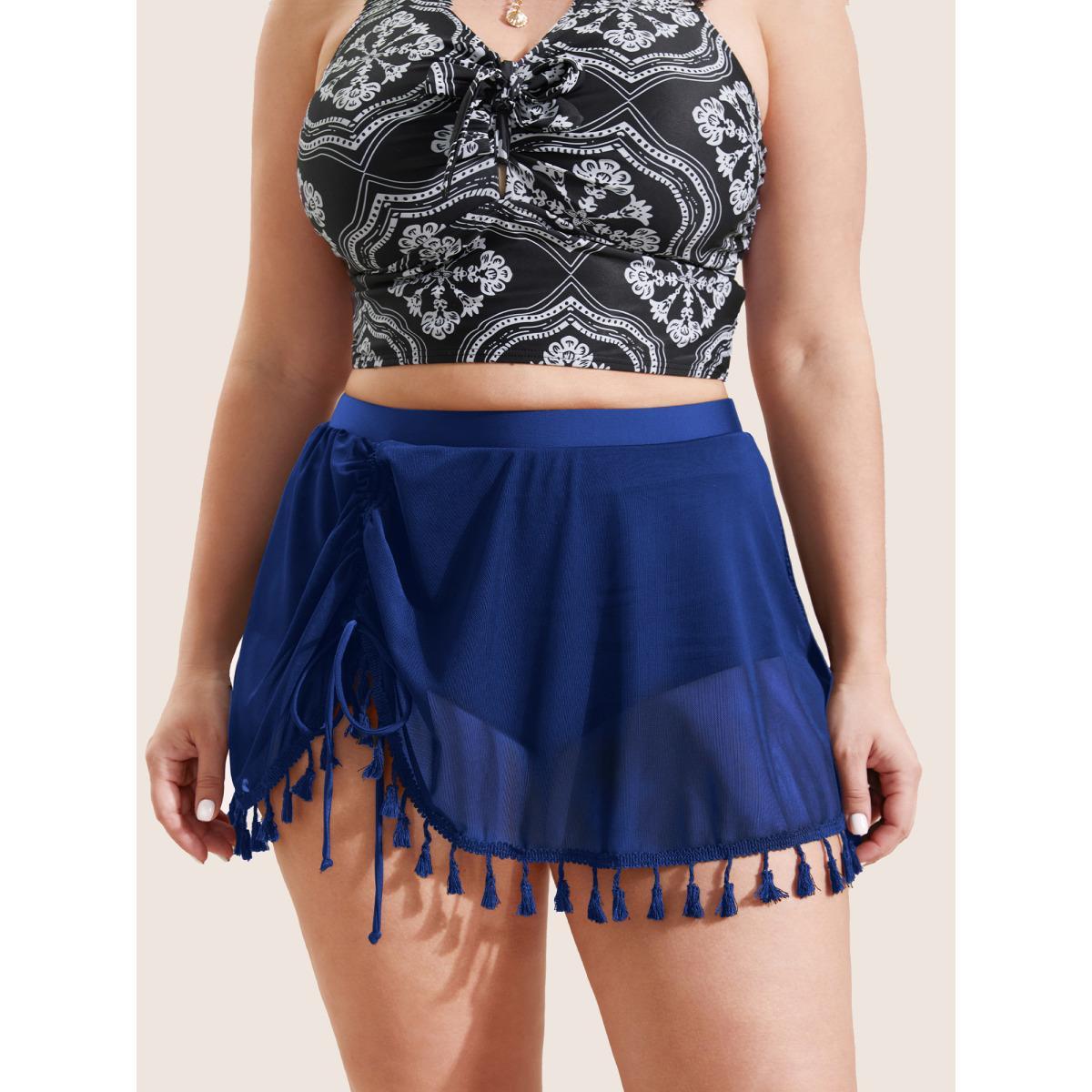 Plus Size Plain Tassel Trim Elastic Waist Swim Bottom Women's Swimwear Navy Beach Gathered High stretch Bodycon High Rise Curve Swim Bottoms BloomChic 26/4X Product Image