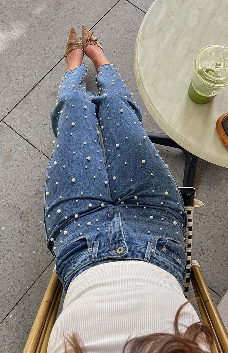 Denim Dazzle Pearl Mid Wash High Waisted Jeans Girls Product Image
