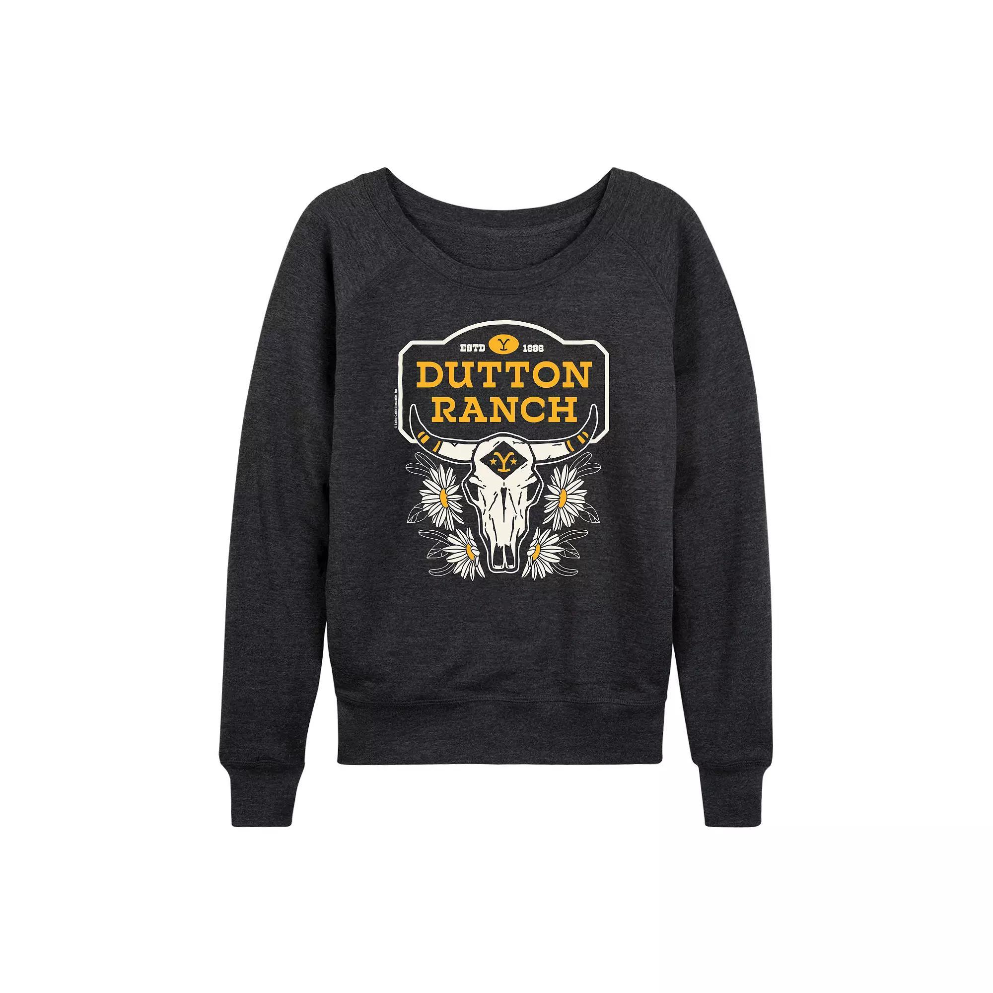 Womens Yellowstone Dutton Ranch Skull French Terry Long Sleeve Tee Heather Grey Product Image