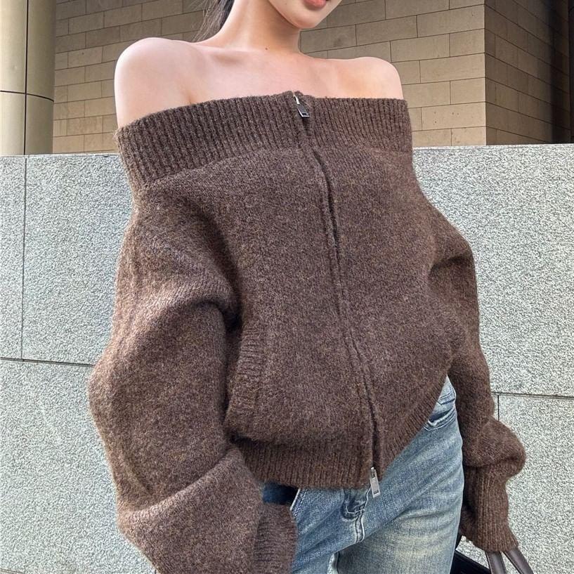 Off-Shoulder Long-Sleeve Plain Zip-Up Sweater Product Image