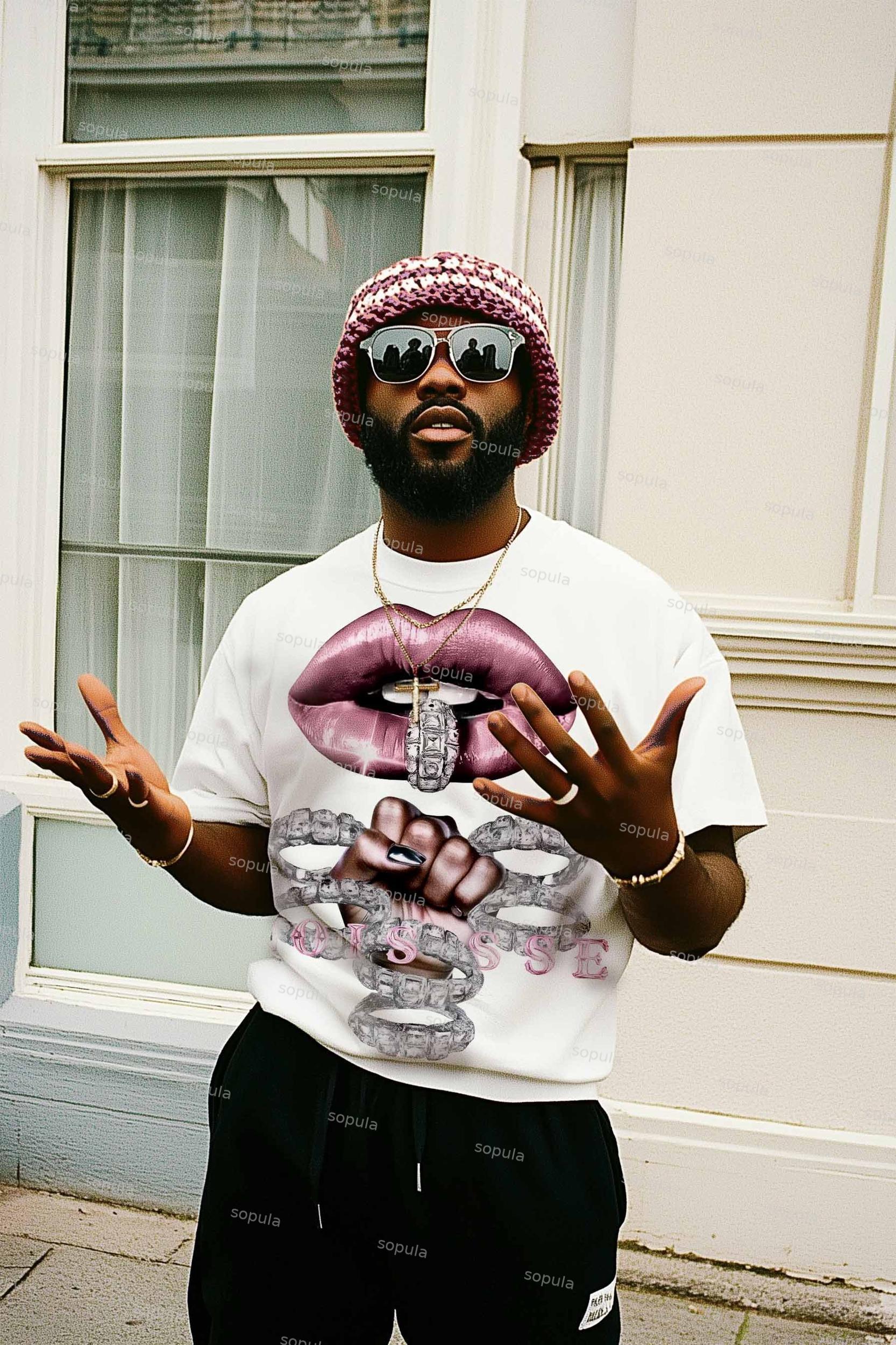 Pink Silver Diamond-rich Printed Cotton T-shirt Product Image