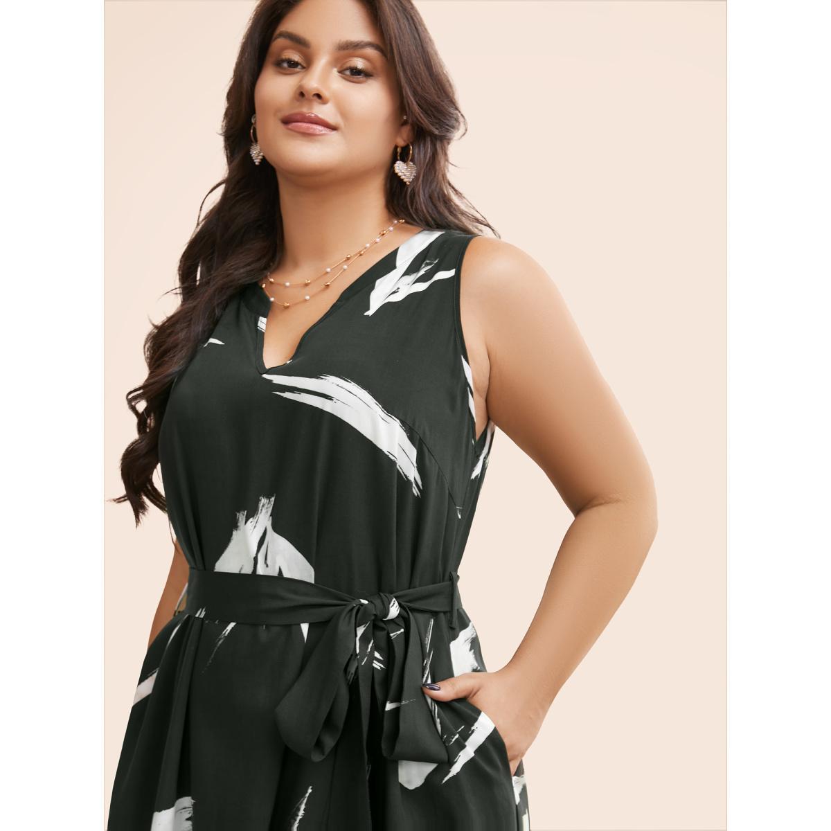 Plus Size Brush Print Notched Belted Tank Dress Black Women Elegant Belted Flat collar with V-notch Sleeveless Curvy BloomChic 14-16/1X Product Image