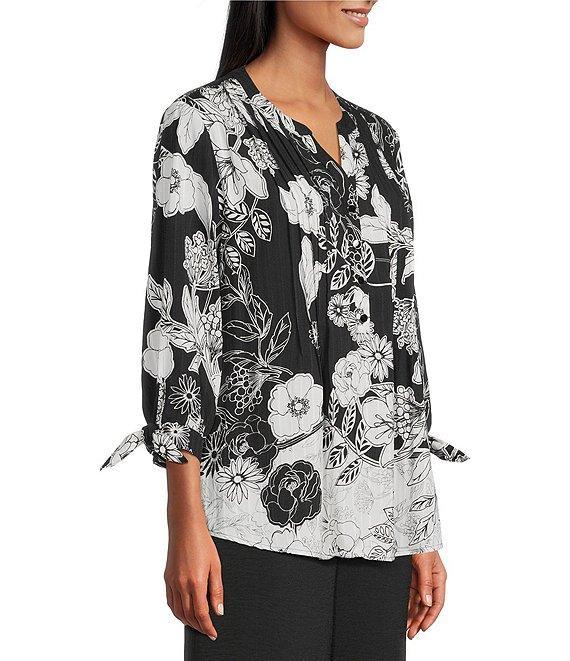 Allison Daley Petite Floral Slope Border Print 3/4 Sleeve Y-Neck Blouse Product Image