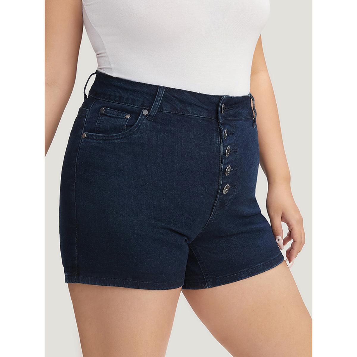 Plus Size Slightly Stretchy High Rise Dark Wash Single Breasted Denim Shorts Women DarkBlue Casual Plain Button Low stretch Pocket Jeans BloomChic 12/L Product Image
