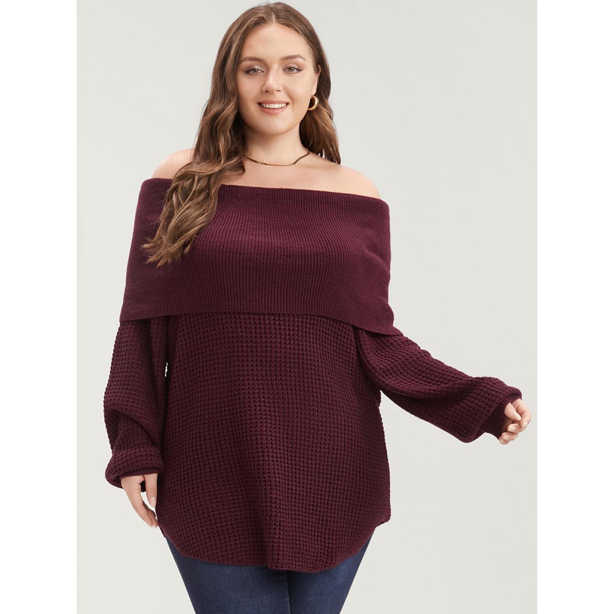 Plus Size Solid Pointelle Knit Arc Hem Off Shoulder Knit Top Scarlet Women Elegant Loose Long Sleeve One-shoulder neck Dailywear Pullovers BloomChic 22-24/3X Product Image