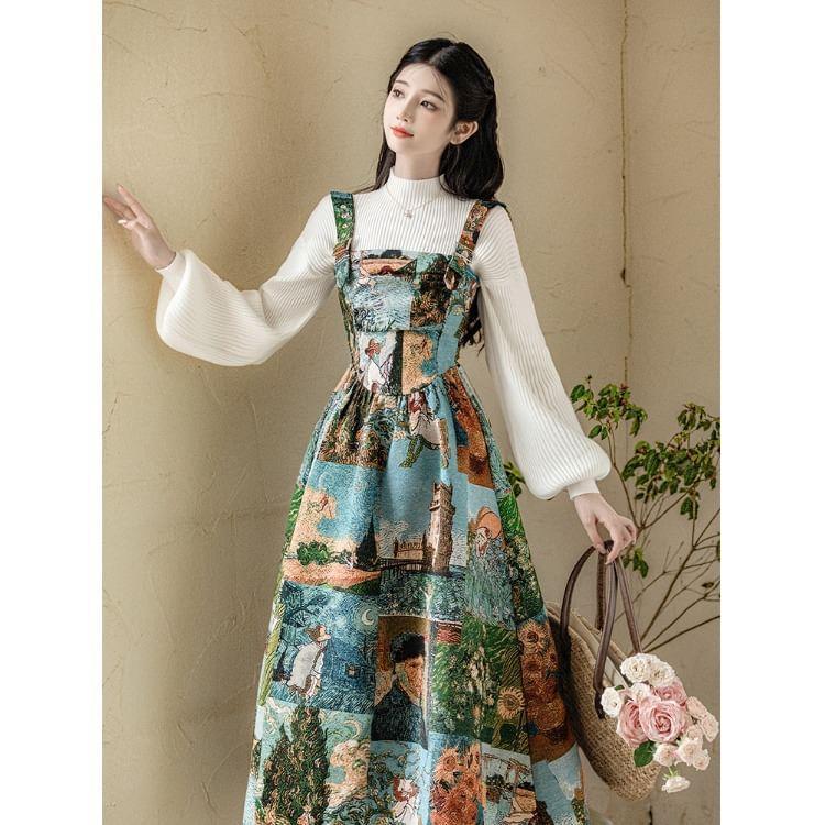 Balloon Sleeve Mock Neck Plain Ribbed Sweater / Long Sleeve Collared Bow Blouse / Patterned Print Maxi A-Line Overall Dress / Set Product Image