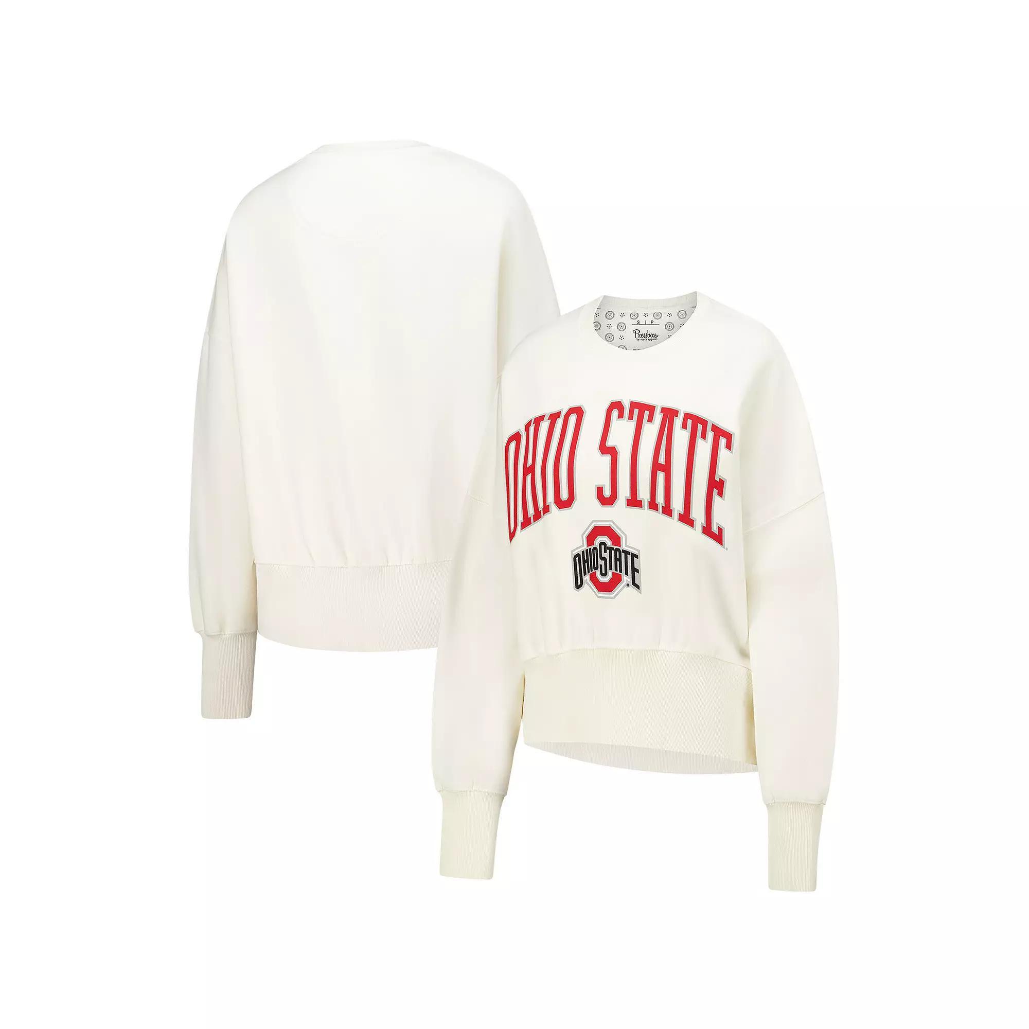 Women's Pressbox  Ivory Ohio State Buckeyes��Oversized Waist-Length Crewneck Sweatshirt, Size: 2XL, Beige Product Image