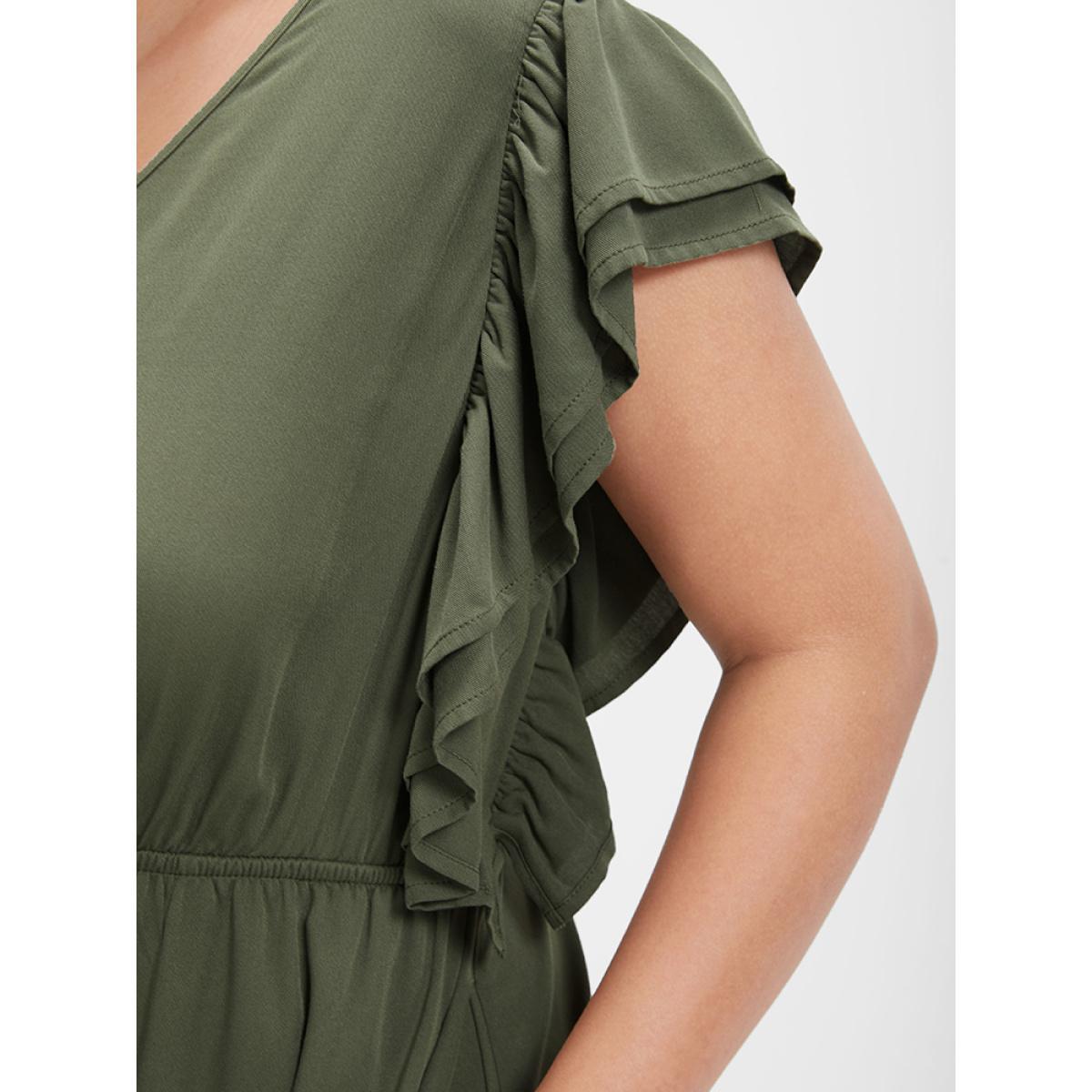 Plus Size Solid Ruffles Button Ties Pocket Midi Dress ArmyGreen Women Elegant Plain V-neck Cap Sleeve Curvy Knee Dress BloomChic 30/6X Product Image