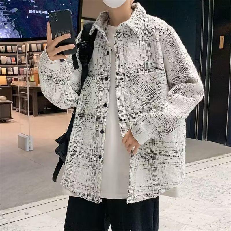 Collared Plaid Button-Up Jacket Product Image