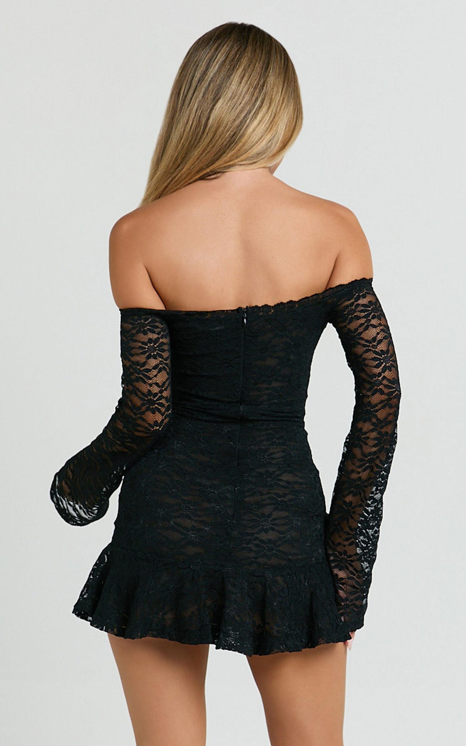 Frieda Mini Dress - Off Shoulder Flared Long Sleeve Stretch Lace Dress in Black Product Image