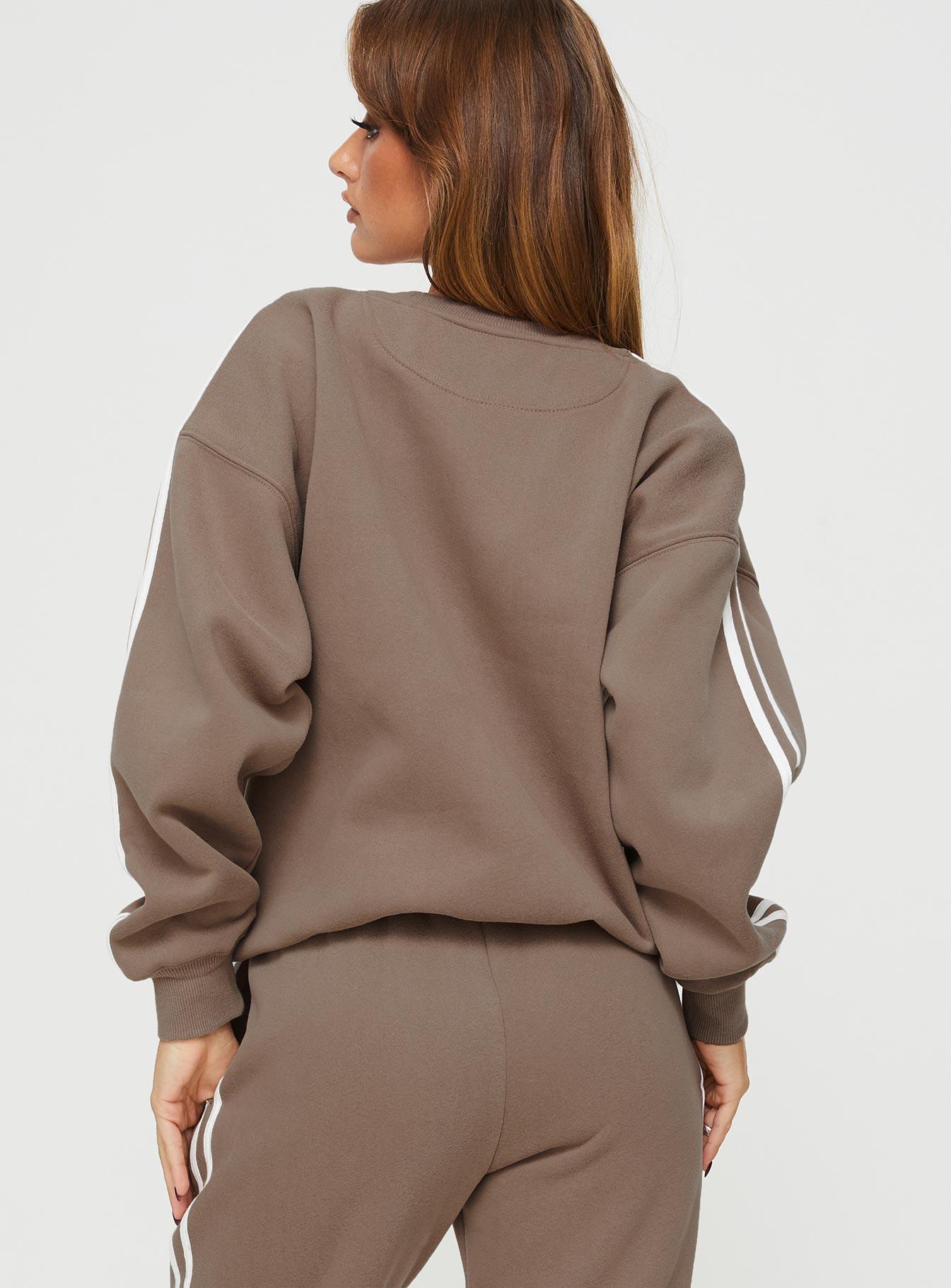 Princess Polly Crew Neck Sweatshirt Stripe Taupe / White Product Image