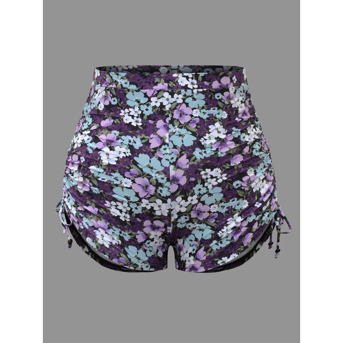 Plus Size Floral Print Stretchy Drawstring Swim Bottoms Women's Swimwear Eggplant Beach Drawstring High stretch Skinny High Rise Curve Swim Bottoms BloomChic 22-24/3X Product Image